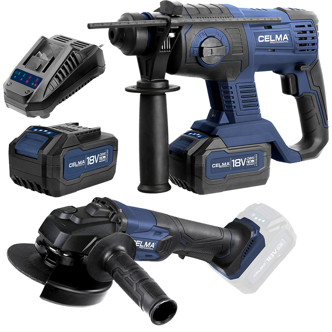 Zestaw OBS CELMA Professional Młotowiertarka + Szlifierka + 2x Aku 4Ah + Ładowarka - Celma Professional zdjęcie 1